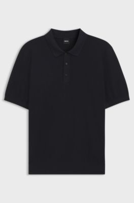 Regular-fit knit polo in structured fabric, Dark Blue