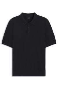 Regular-fit knit polo in structured fabric, Dark Blue