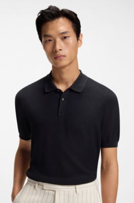 Maglione regular fit in tessuto strutturato con colletto polo, Blu scuro