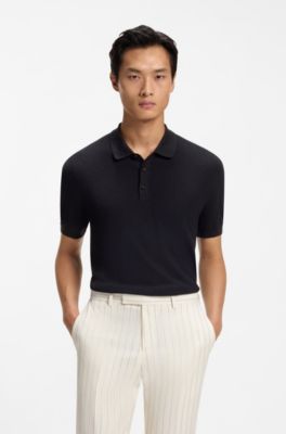 Regular-fit knit polo in structured fabric, Dark Blue