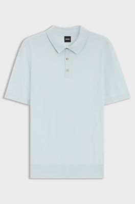 Regular-fit knit polo in structured fabric, Light Blue