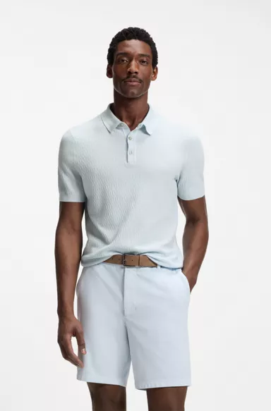 Regular-fit knit polo in structured fabric, Light Blue
