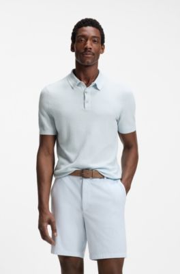 Regular-fit knit polo in structured fabric, Light Blue