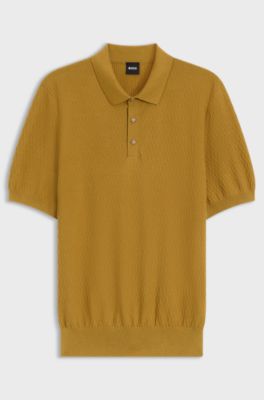Maglione regular fit in tessuto strutturato con colletto polo, Oro
