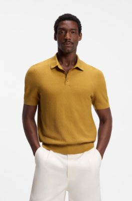 Maglione regular fit in tessuto strutturato con colletto polo, Oro