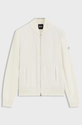 Cotton-knit hybrid jacket with bomber collar, Natural