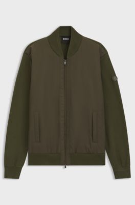 Cotton-knit hybrid jacket with bomber collar, Olive