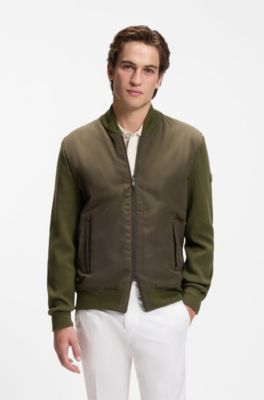 Cotton-knit hybrid jacket with bomber collar, Olive