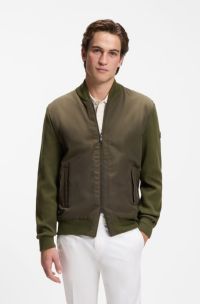 Cotton-knit hybrid jacket with bomber collar, Olive
