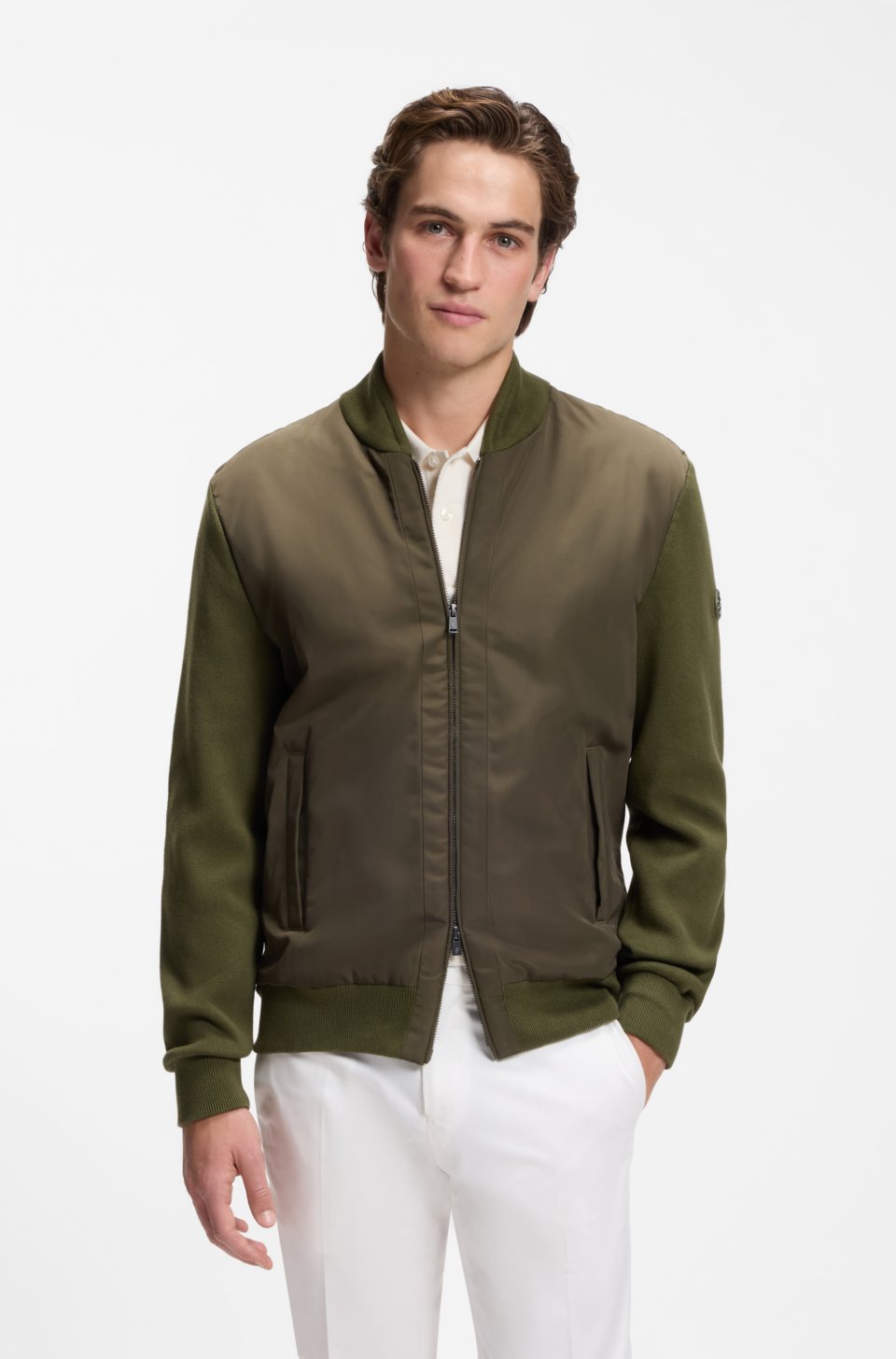 Cotton-knit hybrid jacket with bomber collar