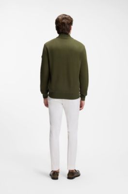 Cotton-knit hybrid jacket with bomber collar, Olive