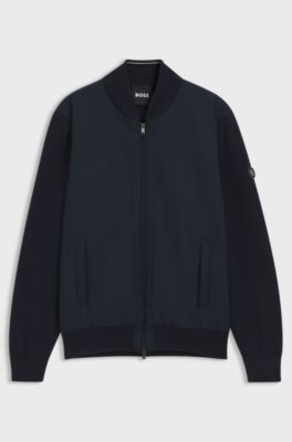 Cotton-knit hybrid jacket with bomber collar, Dark Blue