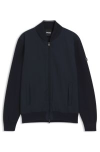 Cotton-knit hybrid jacket with bomber collar, Dark Blue