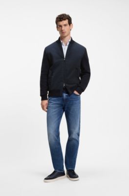 Cotton-knit hybrid jacket with bomber collar, Dark Blue