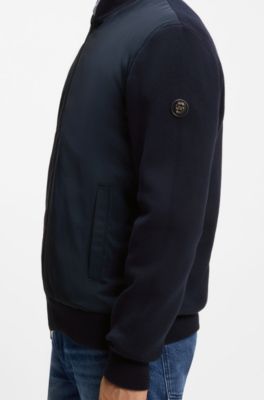 Cotton-knit hybrid jacket with bomber collar, Dark Blue