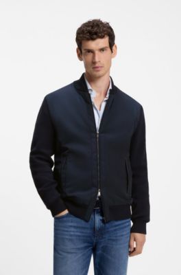 Cotton-knit hybrid jacket with bomber collar, Dark Blue