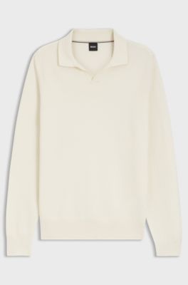 Knitted-cotton sweater with Johnny collar, Natural