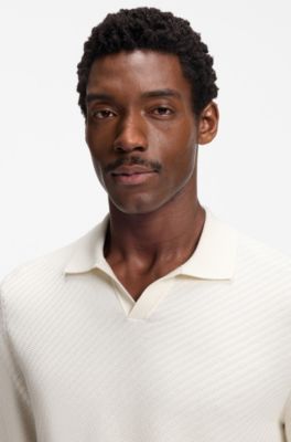 Knitted-cotton sweater with Johnny collar, Natural