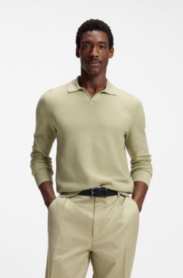 Knitted-cotton sweater with Johnny collar, Khaki