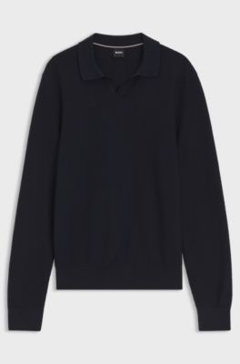 Knitted-cotton sweater with Johnny collar, Dark Blue
