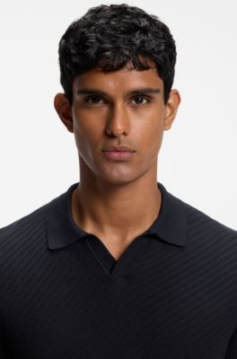 Knitted-cotton sweater with Johnny collar, Dark Blue