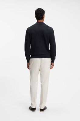 Knitted-cotton sweater with Johnny collar, Dark Blue