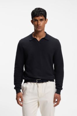 Knitted-cotton sweater with Johnny collar, Dark Blue