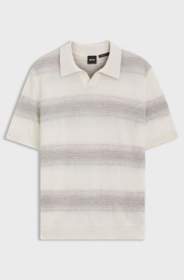 Short-sleeved polo sweater in extra-fine merino wool, Grey Stripes