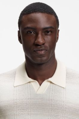 Short-sleeved polo sweater in extra-fine merino wool, Grey Stripes