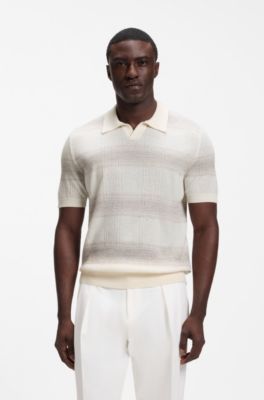 Short-sleeved polo sweater in extra-fine merino wool, Grey Stripes