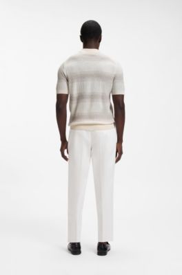 Short-sleeved polo sweater in extra-fine merino wool, Grey Stripes