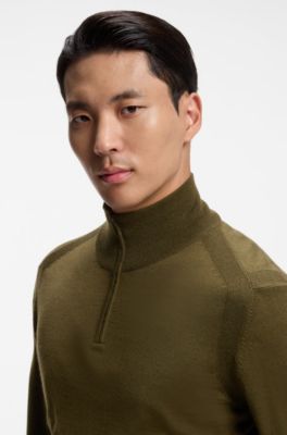 Zip-neck sweater in wool, silk and cashmere, Dark Brown