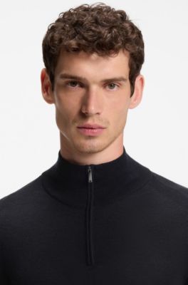 Zip-neck sweater in wool, silk and cashmere, Dark Blue