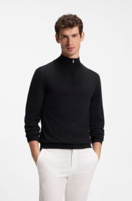 Zip-neck sweater in wool, silk and cashmere, Dark Blue