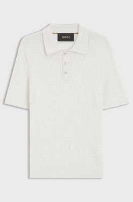 Cable-knit polo sweater in cotton and cashmere, White