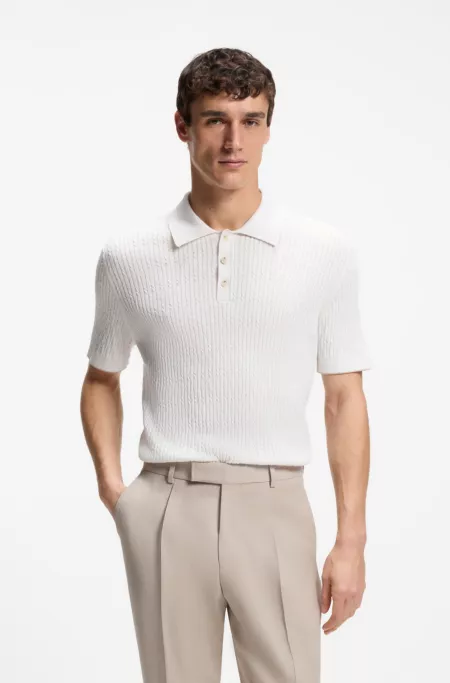 Pull à col polo en maille torsadée en coton et cachemire