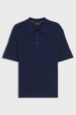 Kabelstrikket polosweater i bomuld og kashmir, M&oslash;rkebl&aring;