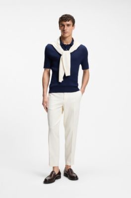 Cable-knit polo sweater in cotton and cashmere, Dark Blue