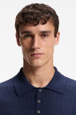 Kabelstrikket polosweater i bomuld og kashmir, M&oslash;rkebl&aring;