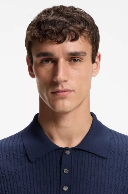 Pull à col polo en maille torsadée en coton et cachemire