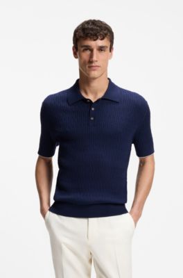 Kabelstrikket polosweater i bomuld og kashmir, M&oslash;rkebl&aring;