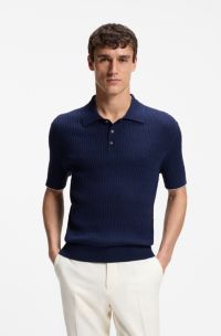 Cable-knit polo sweater in cotton and cashmere, Dark Blue
