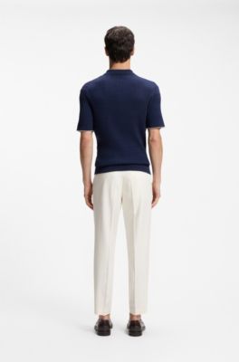 Kabelstrikket polosweater i bomuld og kashmir, M&oslash;rkebl&aring;