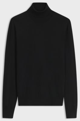 Rollneck sweater in extra-fine merino wool, Black