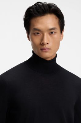 Rollneck sweater in extra-fine merino wool, Black