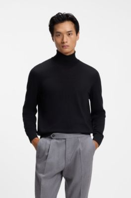 Rollneck sweater in extra-fine merino wool, Black
