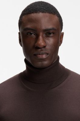 Rollneck sweater in extra-fine merino wool, Dark Brown