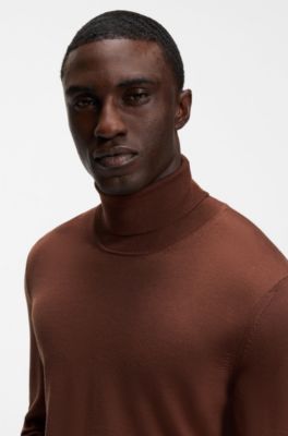 Rollneck sweater in extra-fine merino wool, Brown