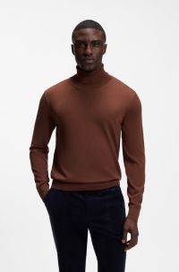 Rollneck sweater in extra-fine merino wool, Brown