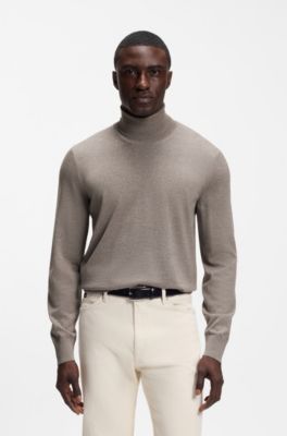 Rollneck sweater in extra-fine merino wool, Light Brown